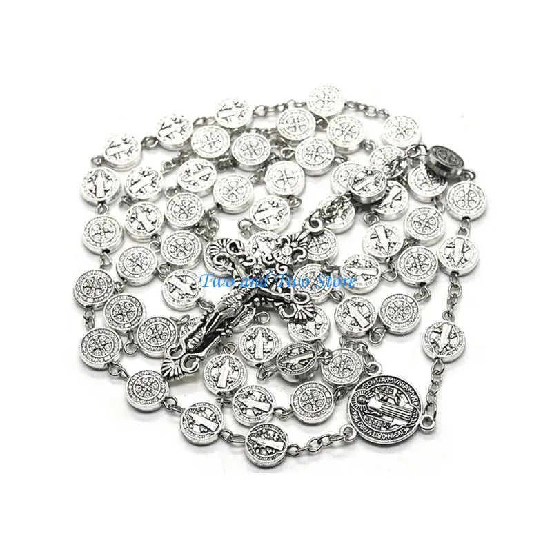 HX6F جولة المعادن حبة مسبحة كاثوليكية قلادة الصليب قلادة قلادة الدينية #4