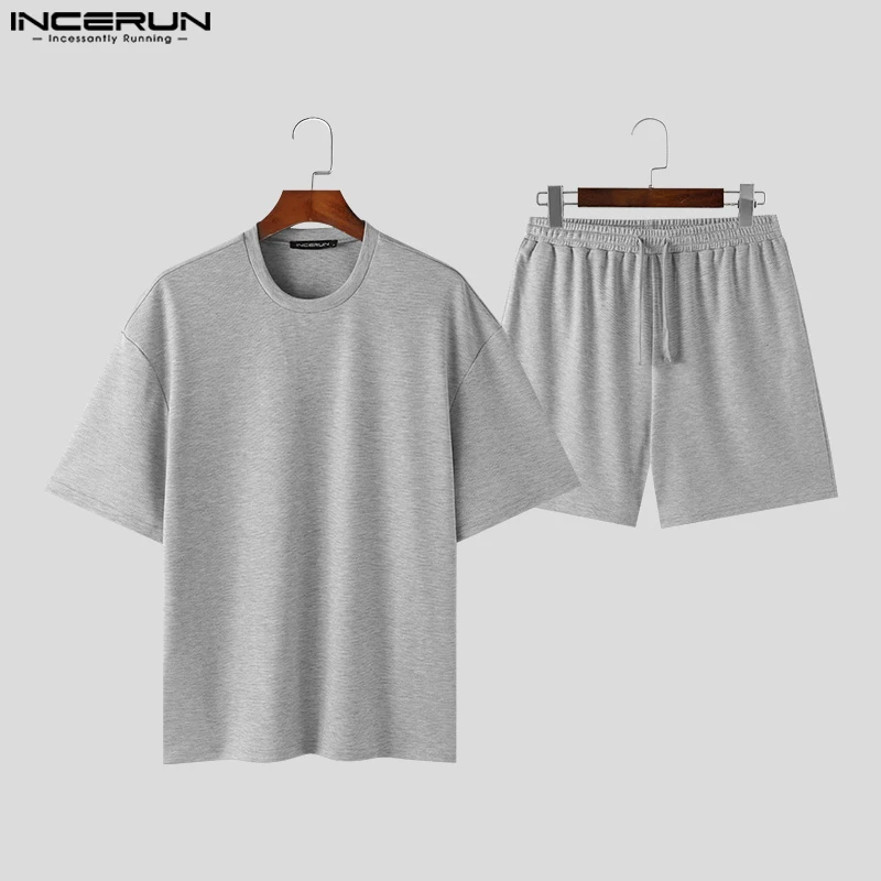 INCERUN 2024 Korean Style Sets Handsome Mens Solid O-neck Short Sleeved Tops Shorts Leisure Streetwear Male Two-piece Sets S-5XL