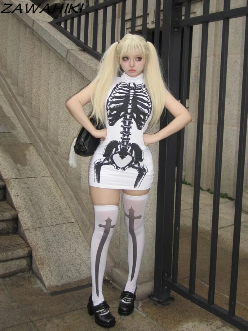 Amerikaanse stijl korte damesjurk Y2k skeletprint hoge kraag vestjurken mouwloze vestidos Japanse harajuku ropa mujer