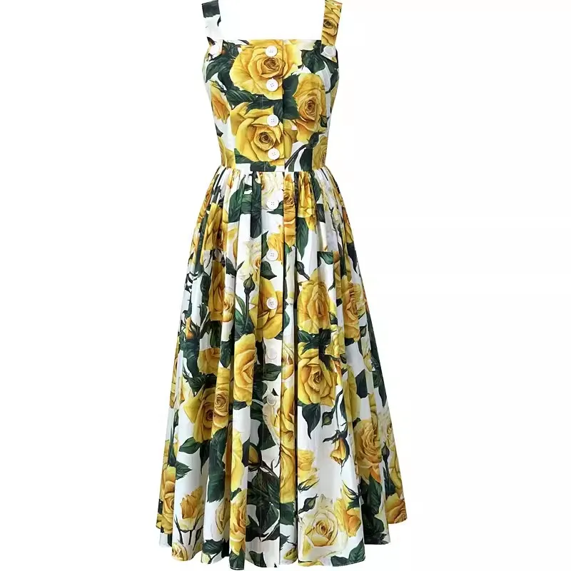 

Summer Holiday Buttons Spaghetti Strap Runway Dress Women's Sleeveless Square Collar Backless Flower Print Beach Long Vestidos