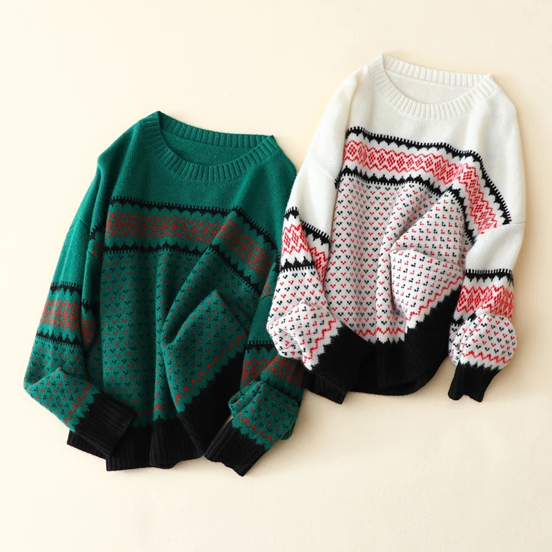 masigoch europe autumn winter new Fair Isle knitwear luxury 100% cashmere Jacquard sweater crewneck