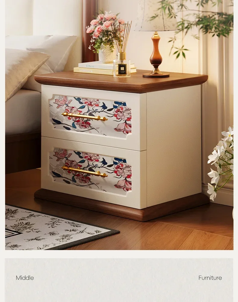 Y16- retro bedside wooden double pump storage bedside cabinet small side few medieval printed drawer locker