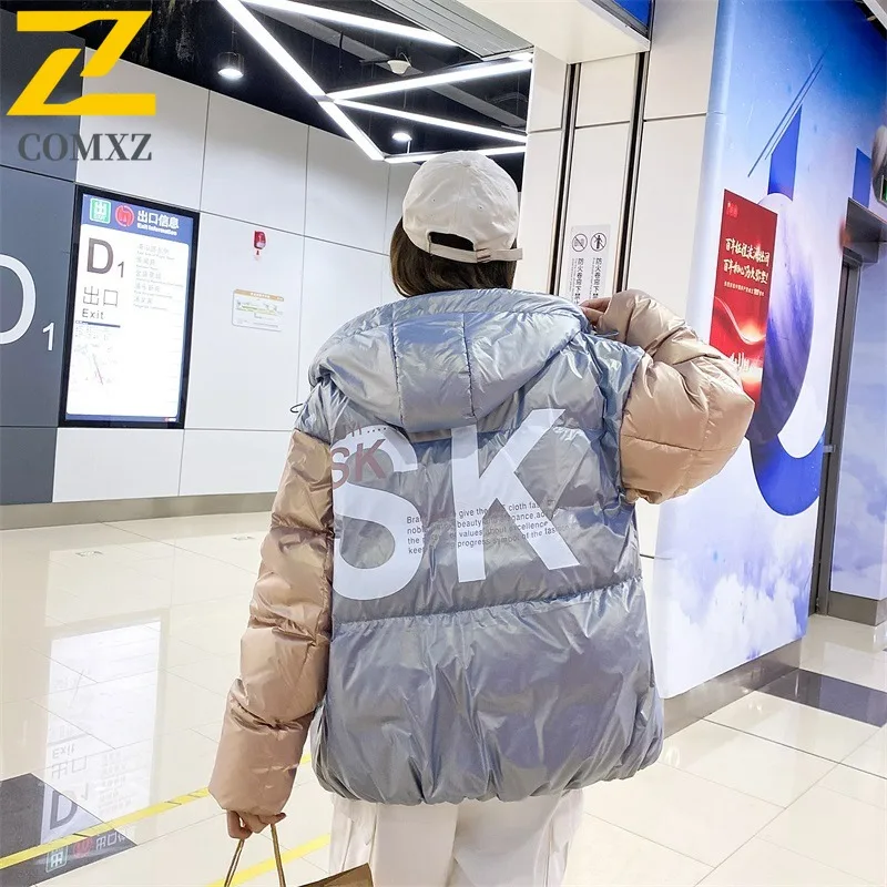 COMXZ Men Thickened Winter Cotton Windbreaker Loose Puffer Coat Vintage Hong Kong Style Streetwear Windproof Warm Hood Parka