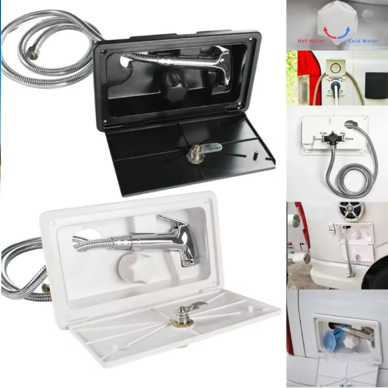 For Outdoor Shower Box with Hot Cold Water Switch Pull Down Spray Head for RV Camper Van Motorhome Boat Exterior Wall Mount Kit