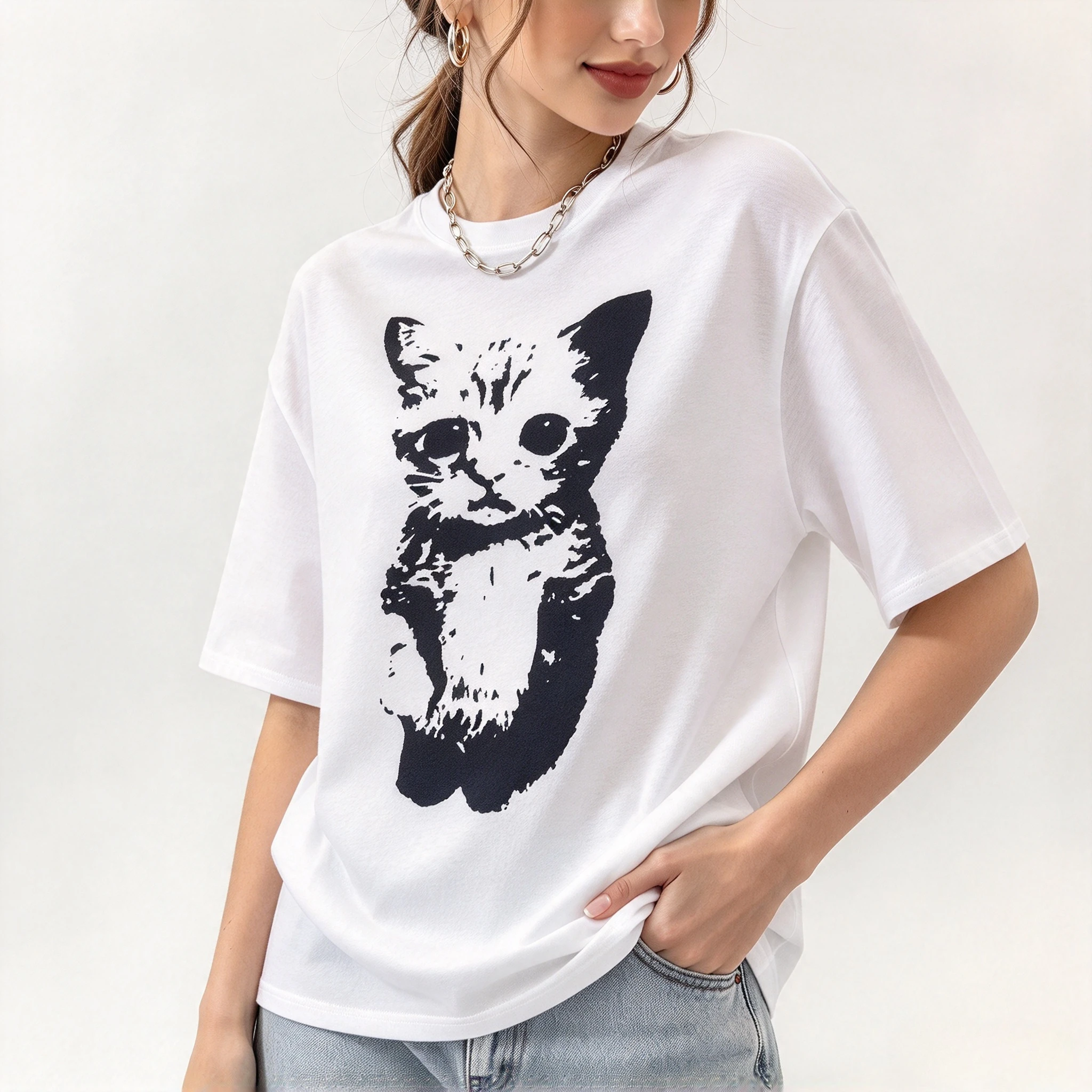 Simple Basic Black White Kitten Cartoon nisex Couple Modal T-shirt  Print Loose Streetwear Casual Short Sleeve Tees Tops