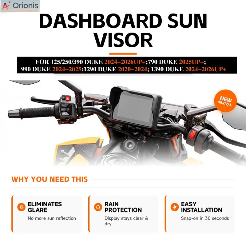 

Солнцезащитный козырек для приборной панели мотоциклов KTM 125DUKE, 250DUKE, 390DUKE, 790DUKE, 990DUKE, 1290DUKE, 1390DUKE 2026 года