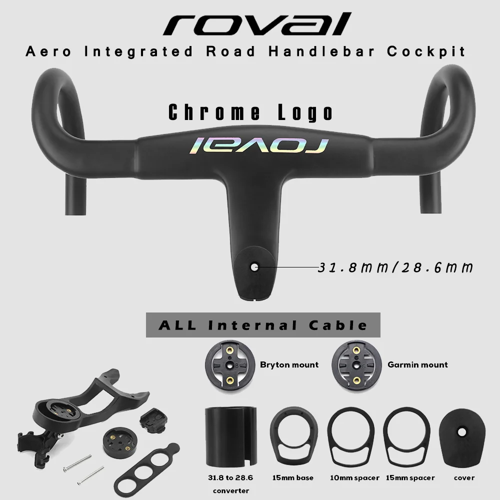 Chrome Logo ROVAL 31.8mm/28.6mm OD2 UD Carbon Internal Cable Aero Integrated Road Bike Handlebar Cockpit With Free Mount Garmin