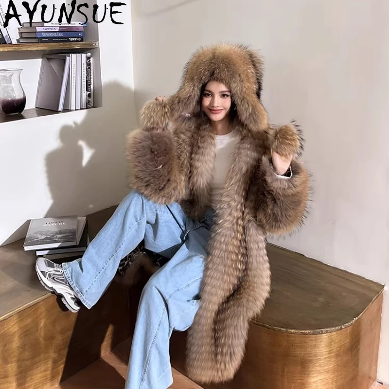 AYUNSUE Raccoon Fur Coats for Woman Mid-length Fur Jacket Maillard Style Fur Coat Woman Clothes New in Outerwears Шуба Женская