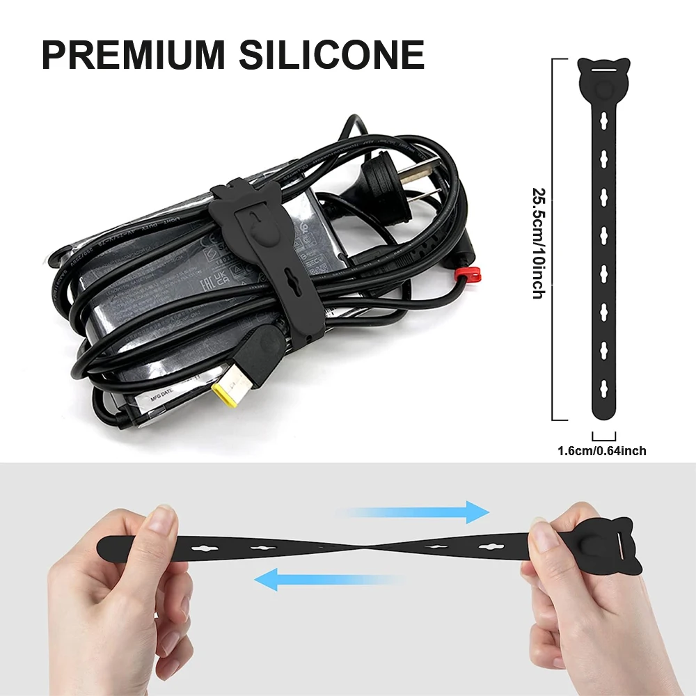 Reusable Cable Ties, 10x0.6inch Elastic Silicone Cord Organizer Straps for Bundling and Organizing Cable Wires