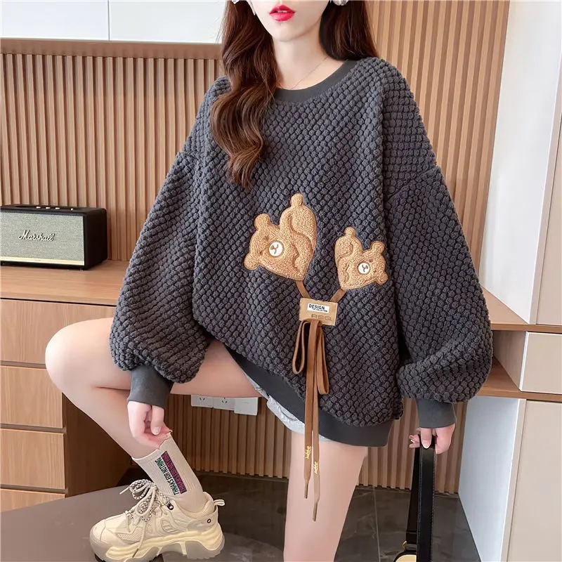 Fashion Loose O-Neck Spliced Lace Up Cartoon Sweatshirts Female Clothing 2023 Winter Oversized Casual Tops Korean Sweatshirts