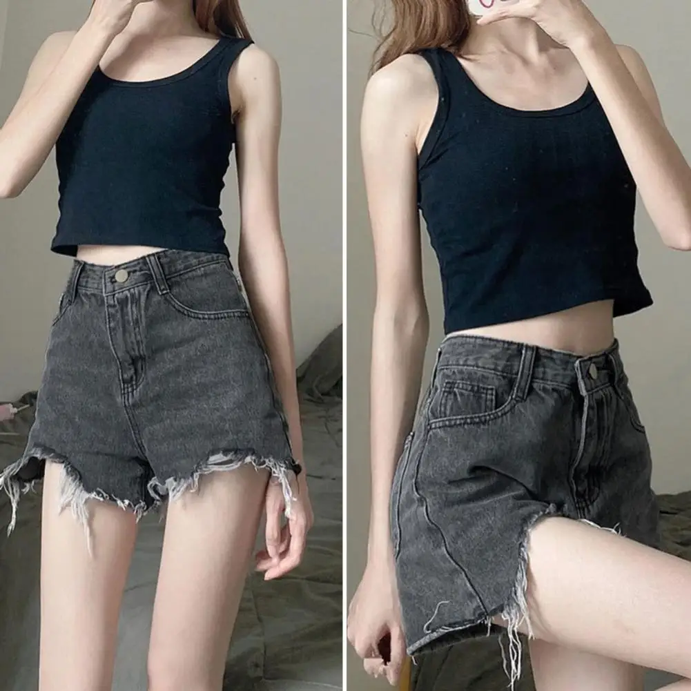 Zipper Fly Jeans Stylish Women's Denim Shorts with Ripped Holes High Waist for Summer Beach Dates Casual Outings