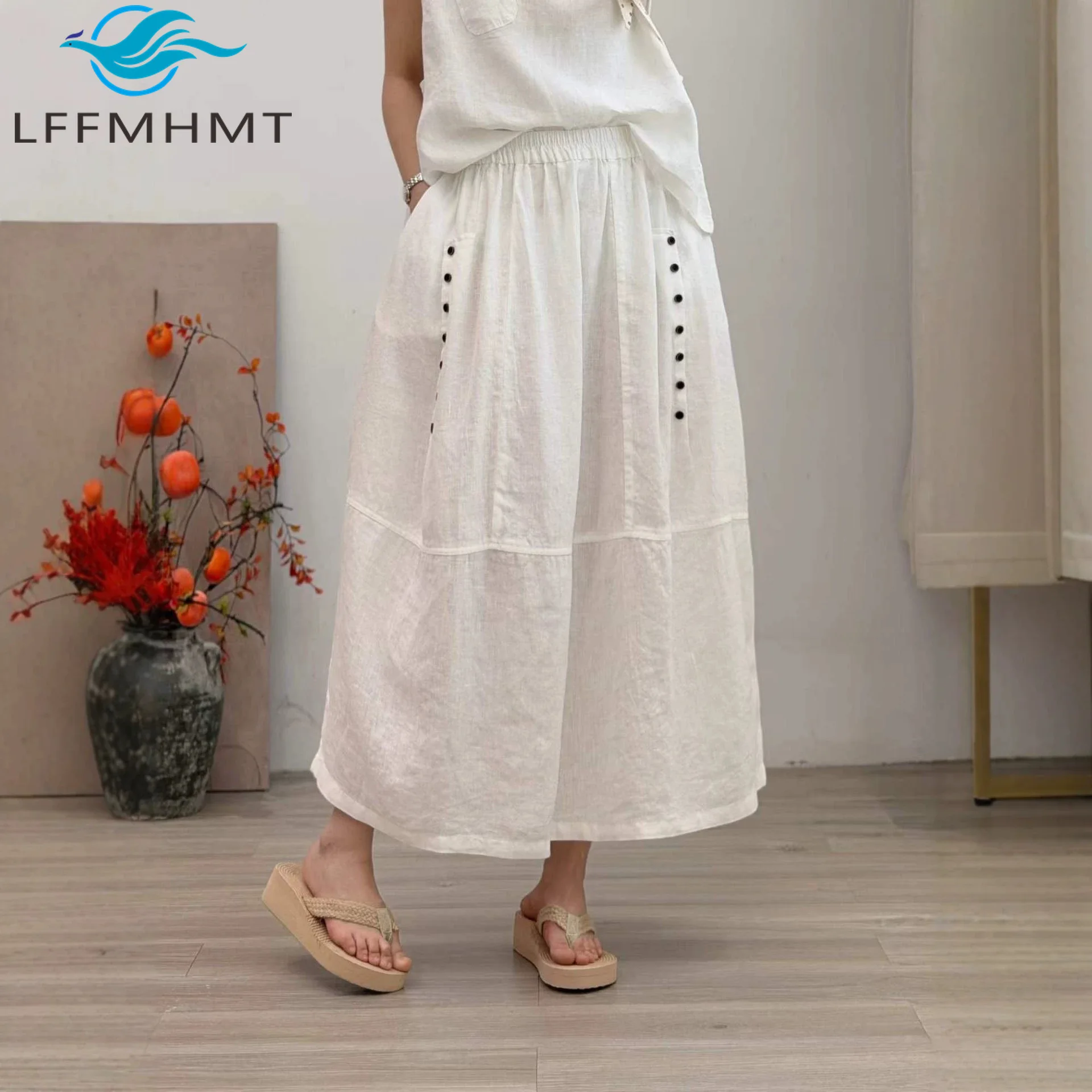 Women's Linen Skirt Solid Color Loose Elastic Waist Drawstring Long Maxi Skirt Summer Casual Boho Slimming Beach Dress
