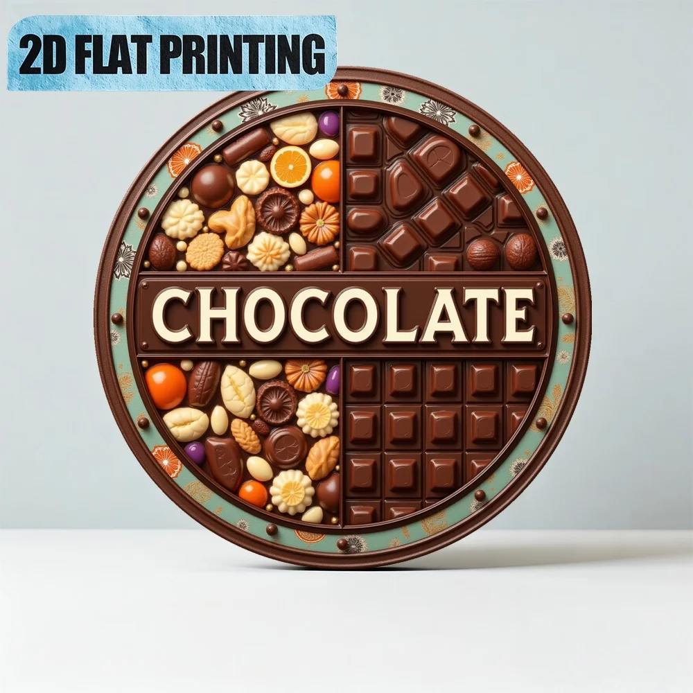2D Flat, 1pc 2Dflat Chocolate with Various Pieces.Metal Wall Art - 11.81inch Round Aluminum Vintage Decor Sign Home, Cafe, Birth