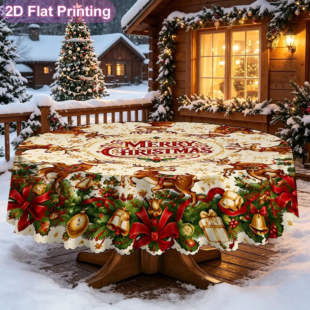2D flat single tablecloth, colorful Christmas reindeer wreath plate artwork, rustic Mediterranean style round tablecloth