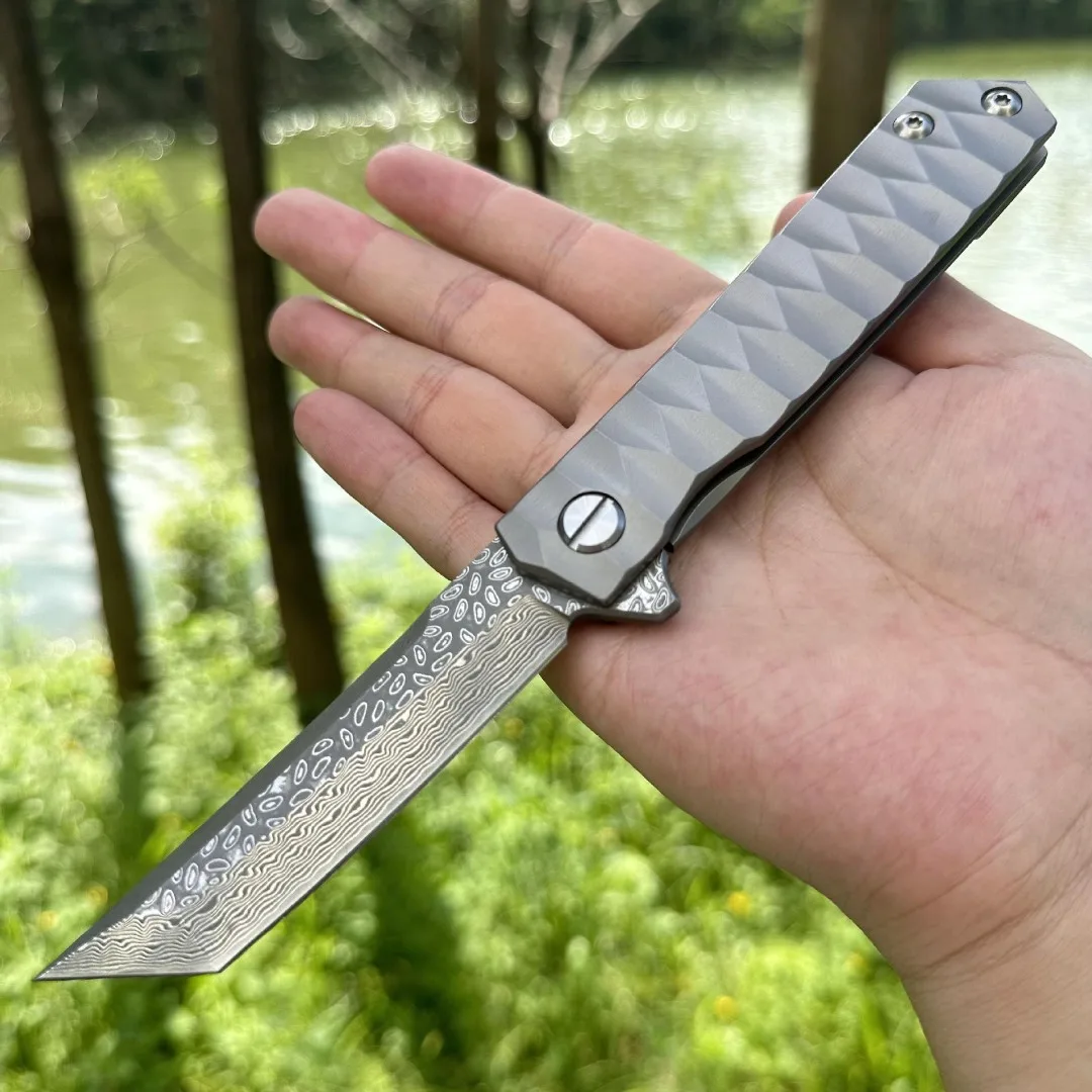 

High end 100% titanium handle Damascus blade with CNC molding for smooth opening and closing, outdoor knife