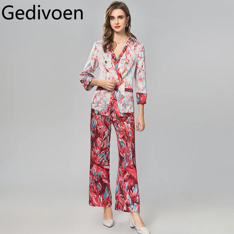 Gedivoen Autumn Winter Women's Suit V-Neck Long-Sleeved Double breasted Tops+Straight Leg Pants Fashion Print Two Piece Set