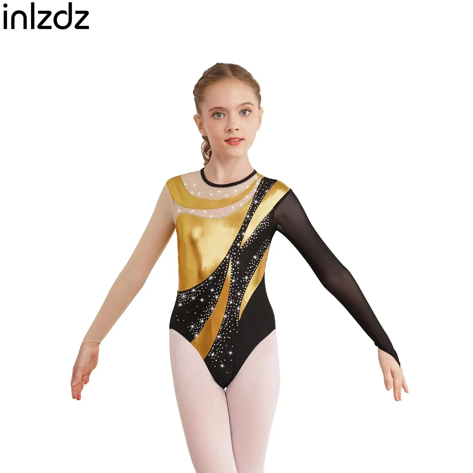 

Kids Girls Shiny Gymnastic Sport Dance Tights Jumpsuit Metallic Long Sleeve See-through Leotard Color Block Dancing Clothing