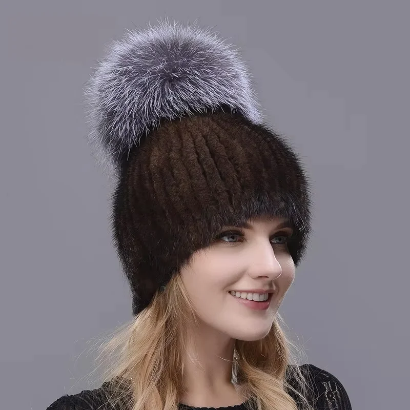 2026 New Warm Real Natural Mink Fur Hat Women Mix Color Silver Fox Fur Female Winter Plush Hat Double Pompoms Luxury Fur Hat