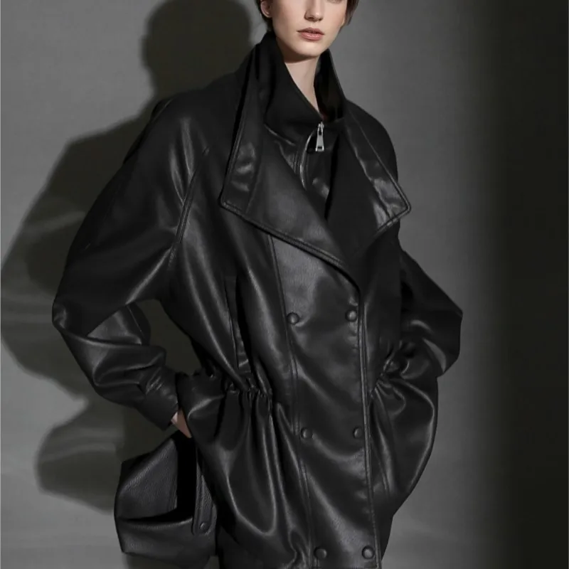 A new style of casual loose for women with double-breasted leather collar and double pockets