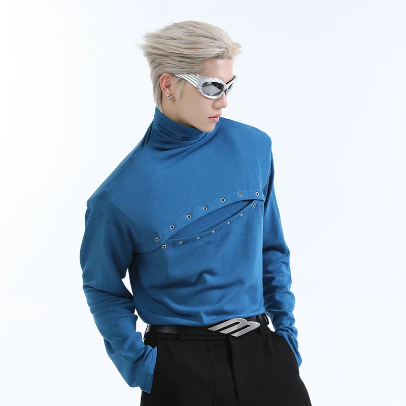 FEWQ Niche Deconstruction Metal Decoration High Collar Long Sleeved Street 2024 Solid Color Male Tops Korea Fashoin 24E2237