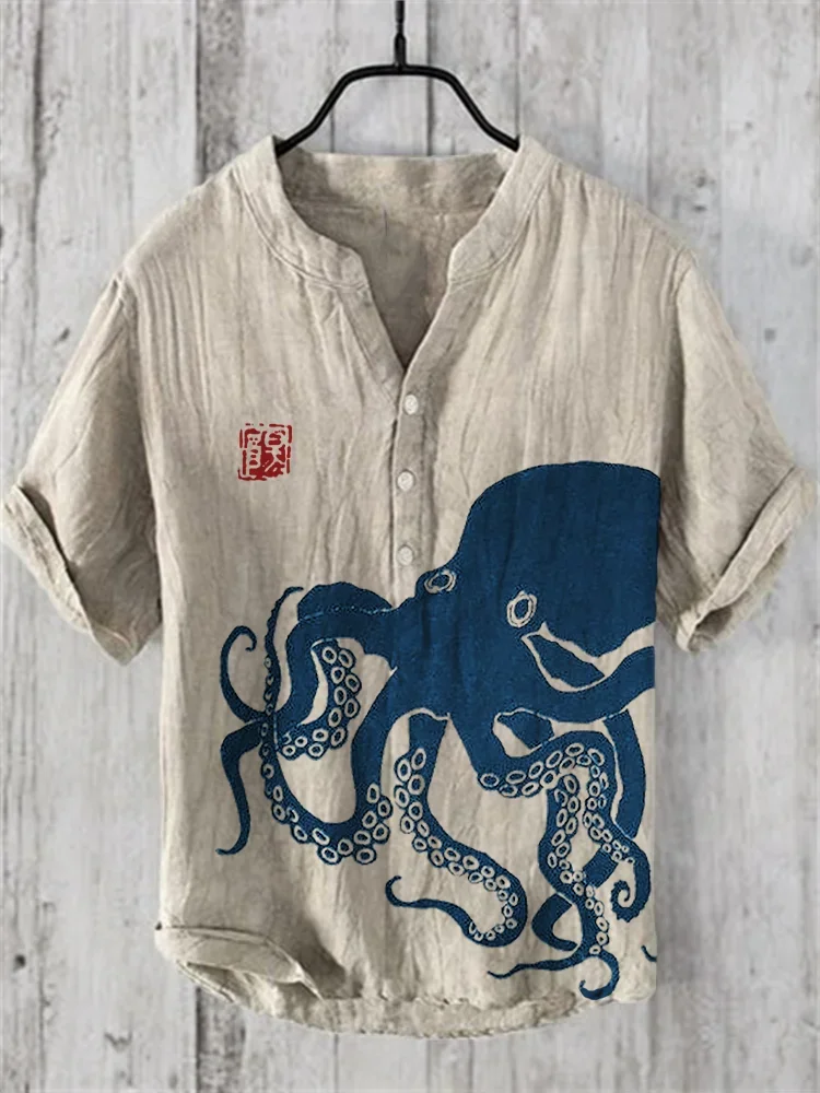 Henry Shirt - Men's Short sleeved Top, 2024 Summer Casual T-shirt, Octopus Pattern Print, Fashion Clothing, S-5XL