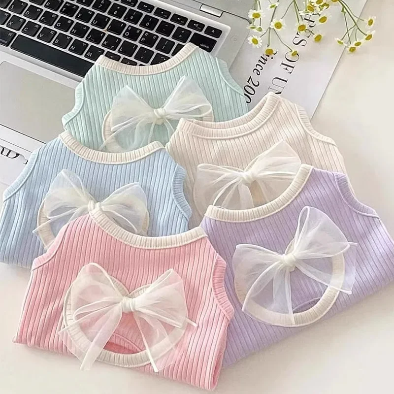 Spring and Summer Dog Ins Hollow Heart Mesh Bow Thin Tank Top Bow Cute Style Tank Top Small Dog Cat Pet Dog Clothes