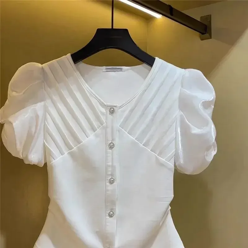 Summer New Pleated Blusas Mujer Exquisite Pearl Button Shirts & Blouses Puff Sleeve Women Clothing O-neck Camisas Ropa