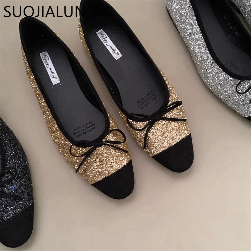 SUOJIALUN 2024 Spring New Women Flat Ballerinas Shoes Fashion Bling Fabric Ladies Elegan Shllow Slip On Ballet Shoes Soft Flats