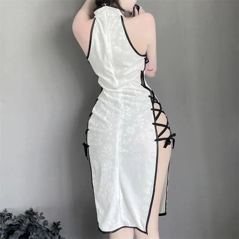 Modern Chinese Style Cheongsam Sexy Women Evening Dresses Hollow Bust Black White Qipao Side Slit Bandage Flower Pattern Dress