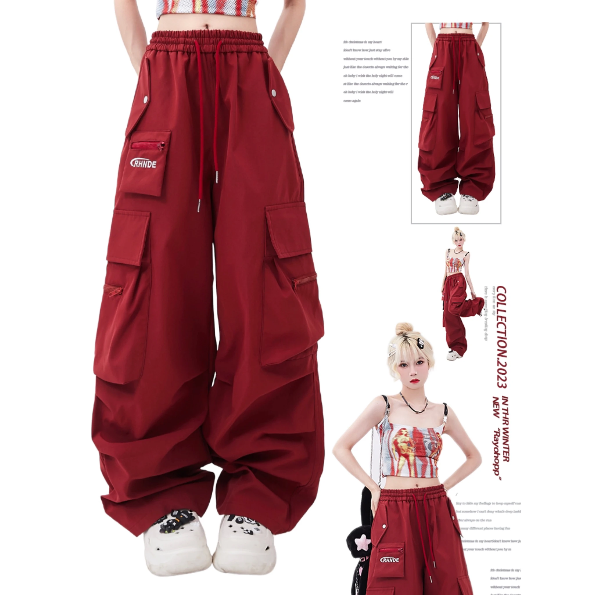 Dophee New Autumn Cargo Pants for Women American Street Hip Hop Zip Pockets Loose Straight Pants Drawstring Red Dance Trousers