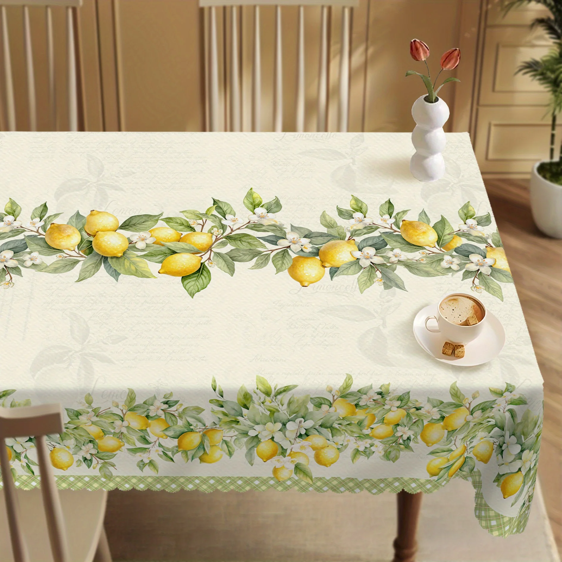 Lemon tablecloth, retro spring/summer lemon flower buffalo check pattern design