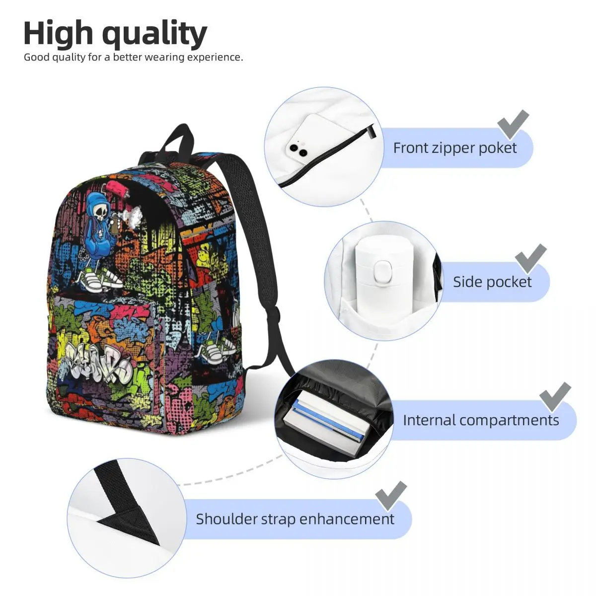 Synr 70s Retro Comic Graffiti Print Backpack for Men Women Student School Bookbag Daypack Elementary High College with Pocket