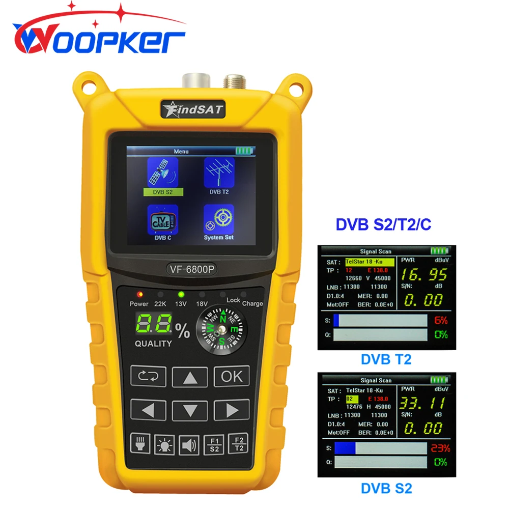 

Woopker Satellite Finder VF 6800P Premium Digital Sat Meter with 2.4 HD LCD for TV Tuner Dvb-T2 Dvb-S2 Dvb-C Mpeg4