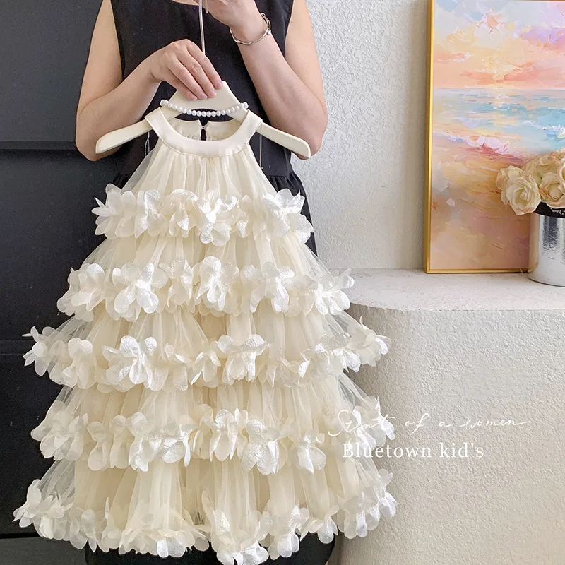 Girls Casual Dresses Fashionable Off-the-neck Fairy Dress with Layers of Petals Princess Dress for Girls 2 To 8 Years