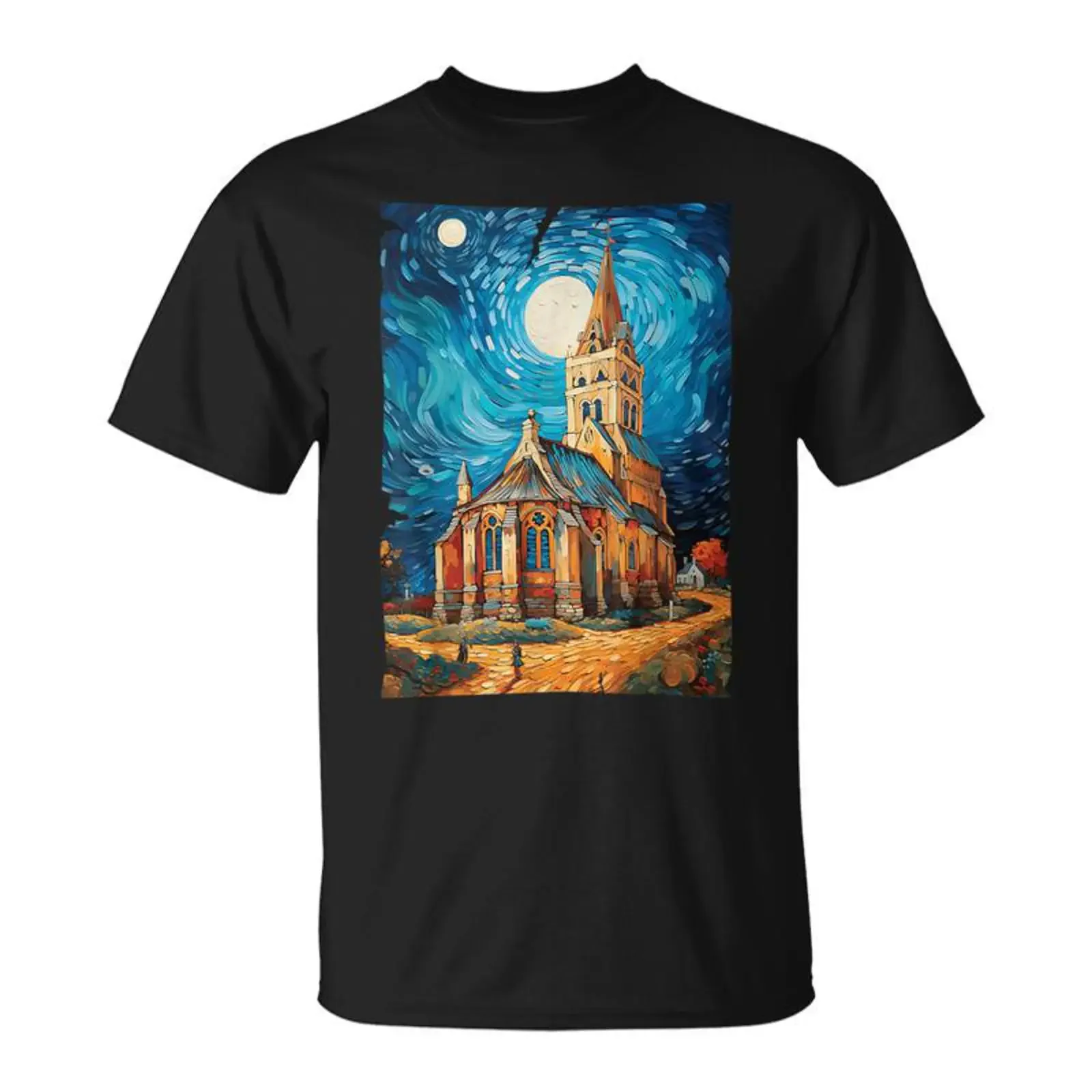 Église Artistique Dean Gogh Nuit Étoilée T Shirt Cadeauxyz vintage Washed Top For Everyday Wear Soft graphic Slightly Casual