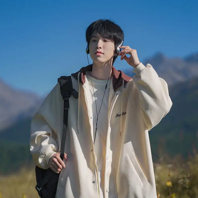 

Мужская куртка в стиле ретро на весну-осень, свободного кроя, с капюшоном, на молнии, с декоративными элементами, не требующая глажки, модная молодежная одежда