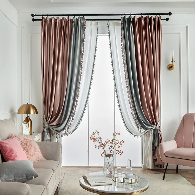 

Custom American new dirty powder splicing light grey velvet contrast color cloth blackout curtain tulle drape C1865