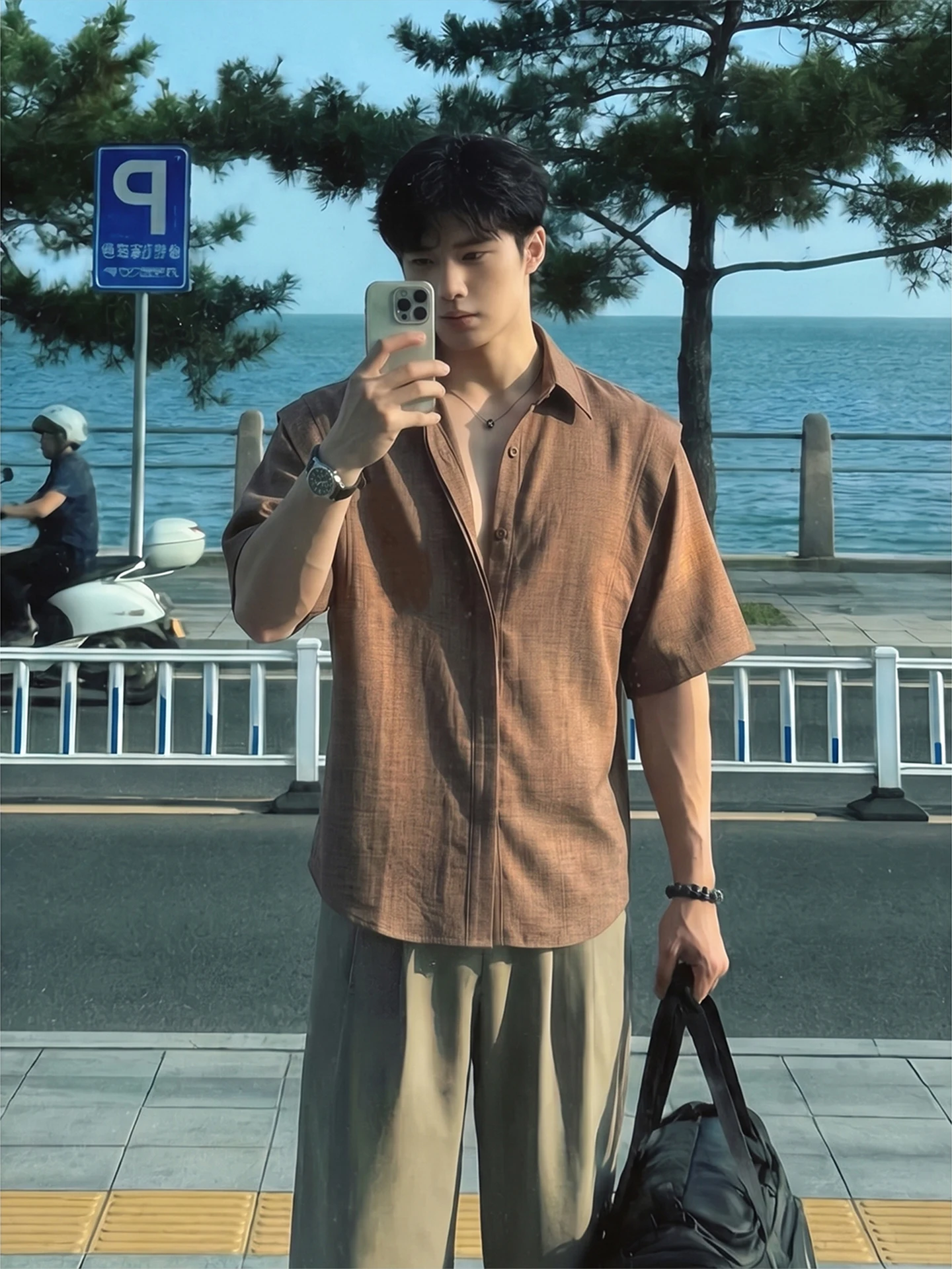 Café Brown Short Sleeve Linen-Like Casual Shirt Men's Summer Thin Design Loose Fit Half Sleeve Outerwear Youth Popular Daily ...
