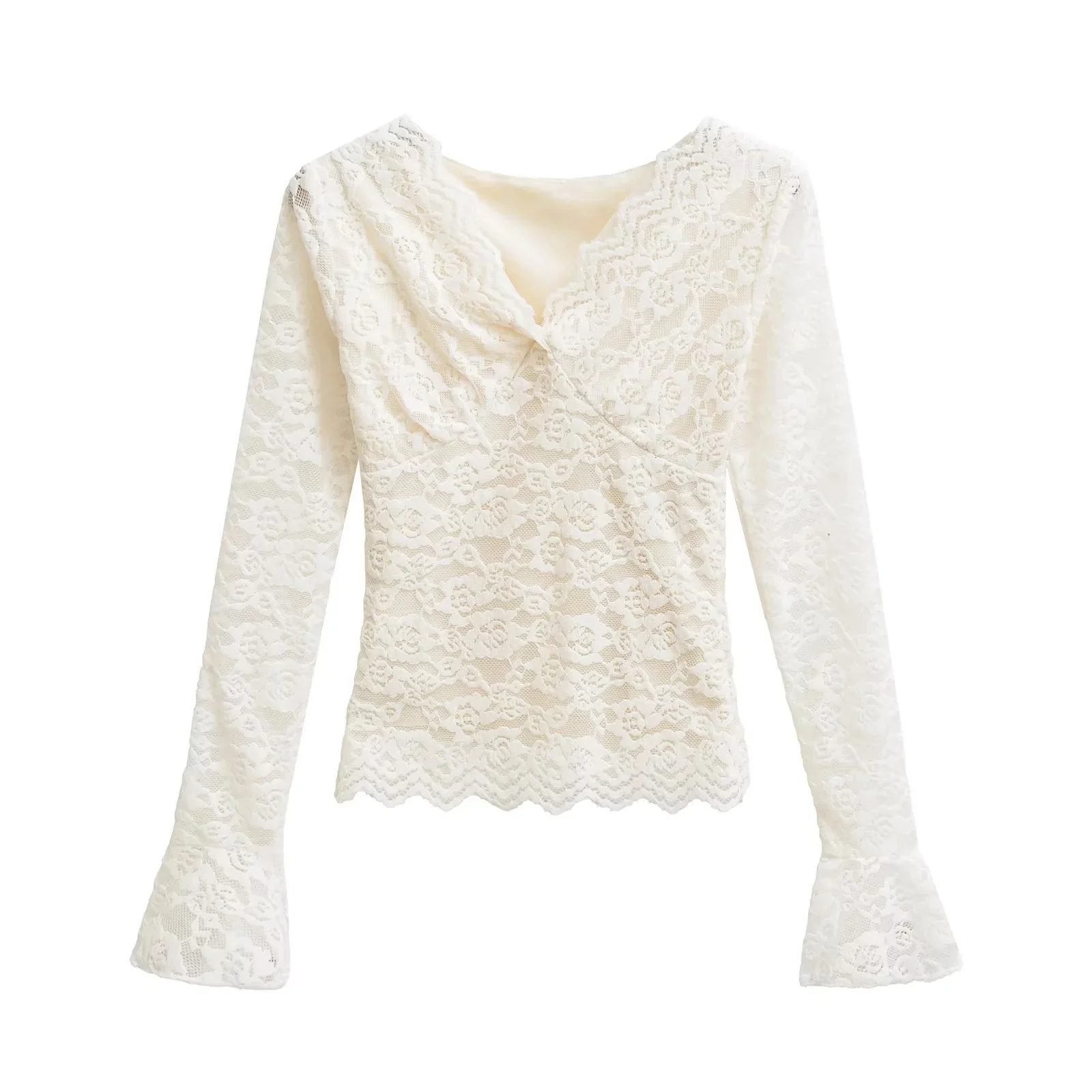 Seksowna, długa koszulka z dekoltem w serek, koronkowymi falbanami, dopasowana, jesienno-zimowa, bazowa koszulka, bielizna, top.