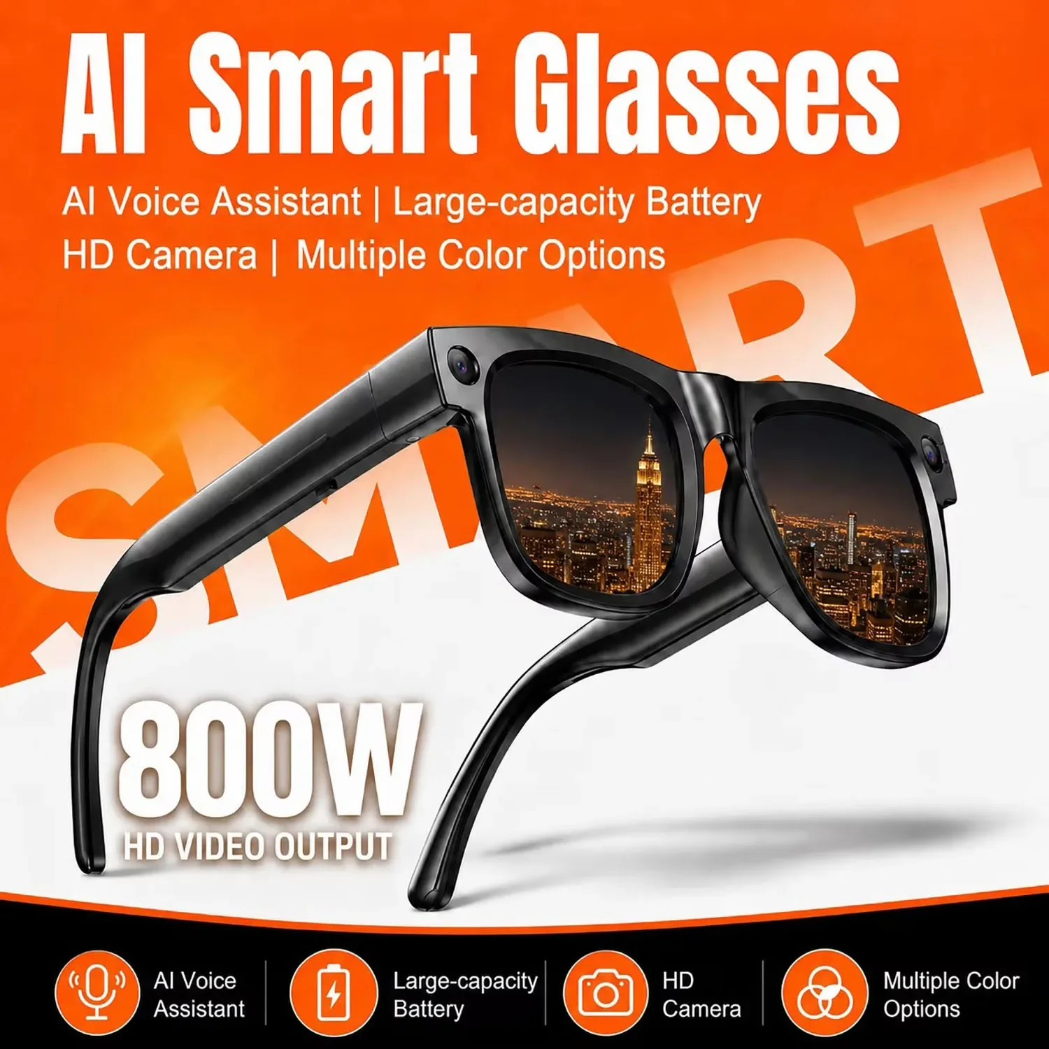 Smart Glasses with 800W Pixel Camera Bluetooth IPX4 Waterproof Magnetic Charging Hands-Free Video Voice Recorder Audio Glasses