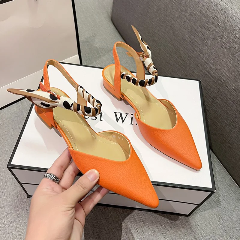 Pointed Toe Low Heel Sandals 2023 Summer Women\'s Shoes Luxury Woman Clothes Elegant Party Korean Orange Shoes with Ties Designer