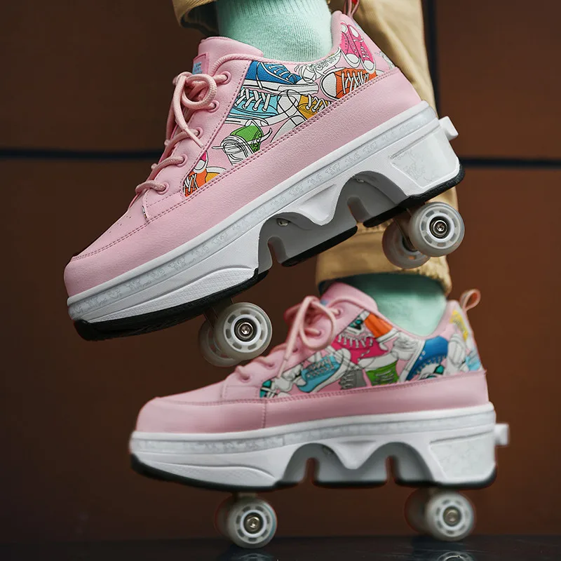 Deformation Roller Skates Shoes Double Row 4-Wheel Skates Roller Shoes with Wheels Dual-Purpose Roller Sneakers Skateboard Shoes