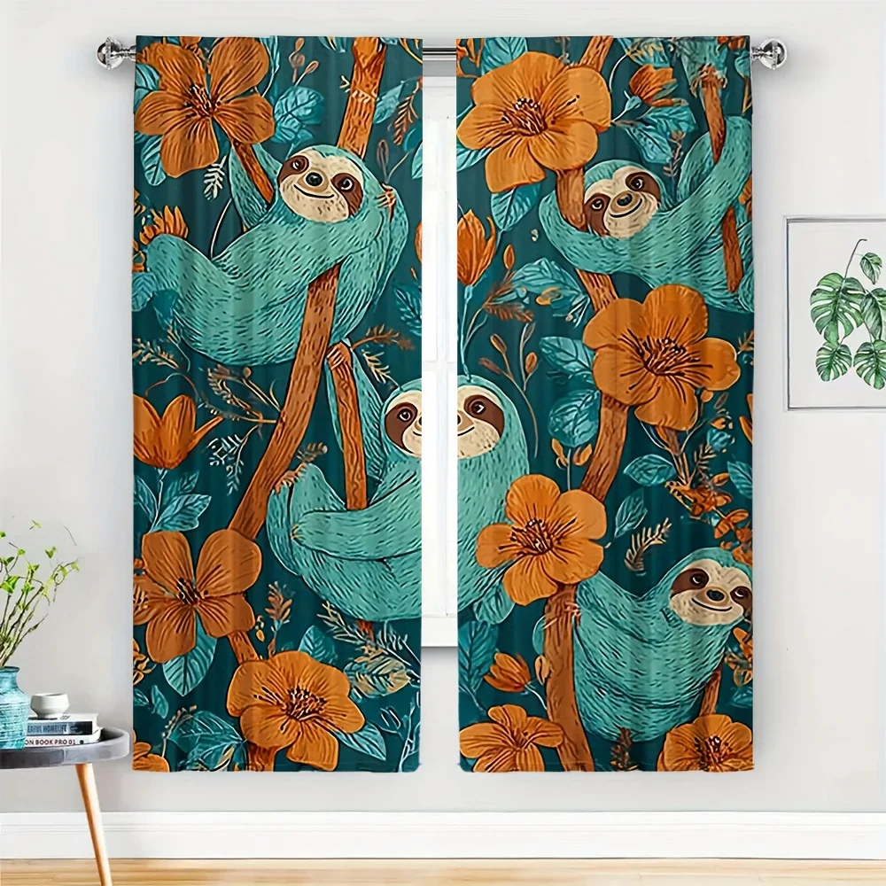 2pcs, No suspension rod Curtains, 23.62x59.06 inch, A seamless pattern with adorable sloths hanging, for Living Room Bedroom, Ki