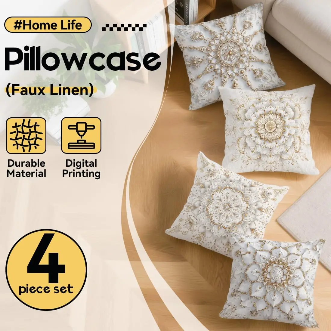4Pcs Cream White Gold Mandala Throw Pillow Covers Set Elegant Luxe Cushion Cases for Living Room Sofa Bedroom Home Decor
