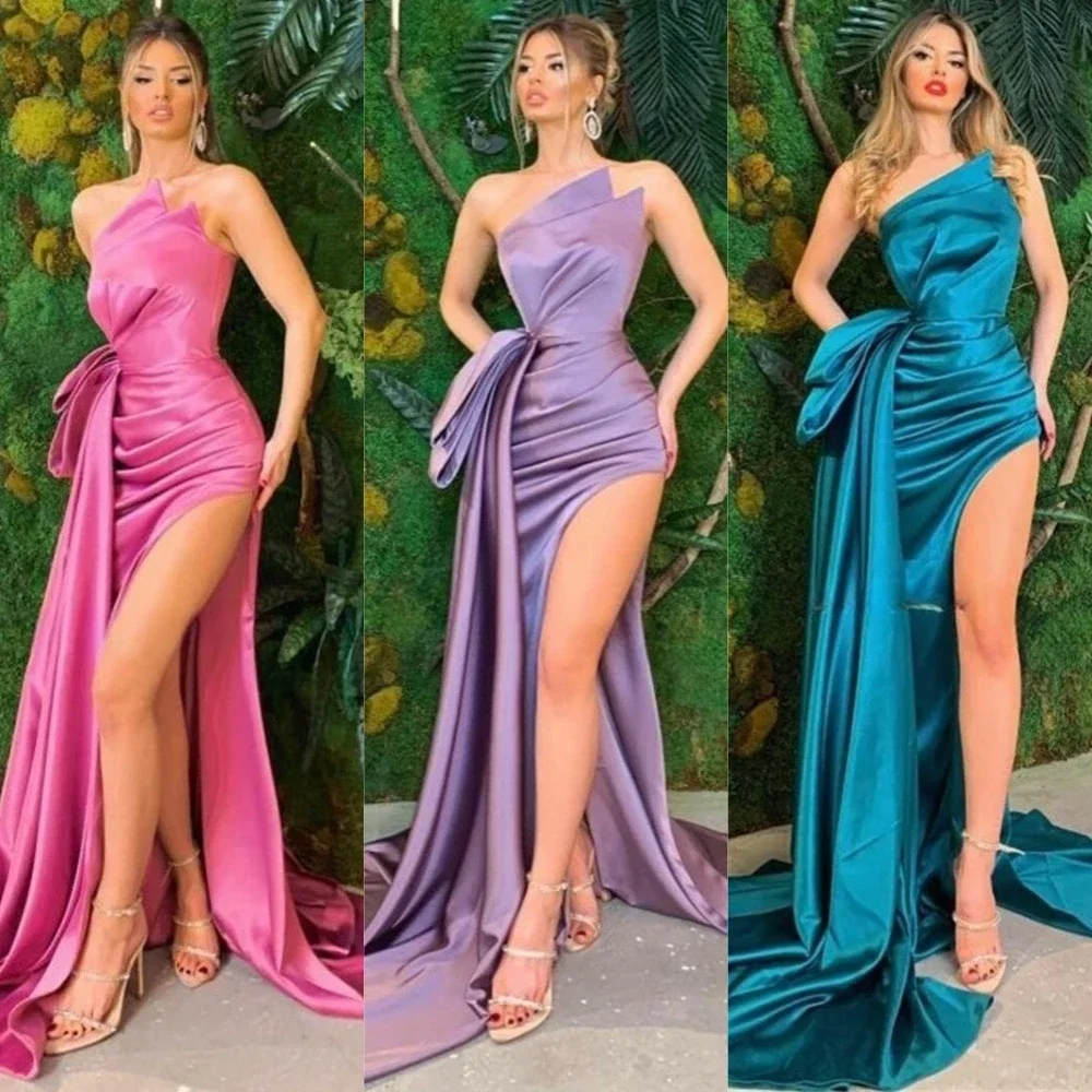 ที่กําหนดเองชุดราตรีง่ายปิดไหล่ Mermaid จีบซาตินอย่างเป็นทางการชุด Vestidos Para Mulheres ฟรีธุรกิจ