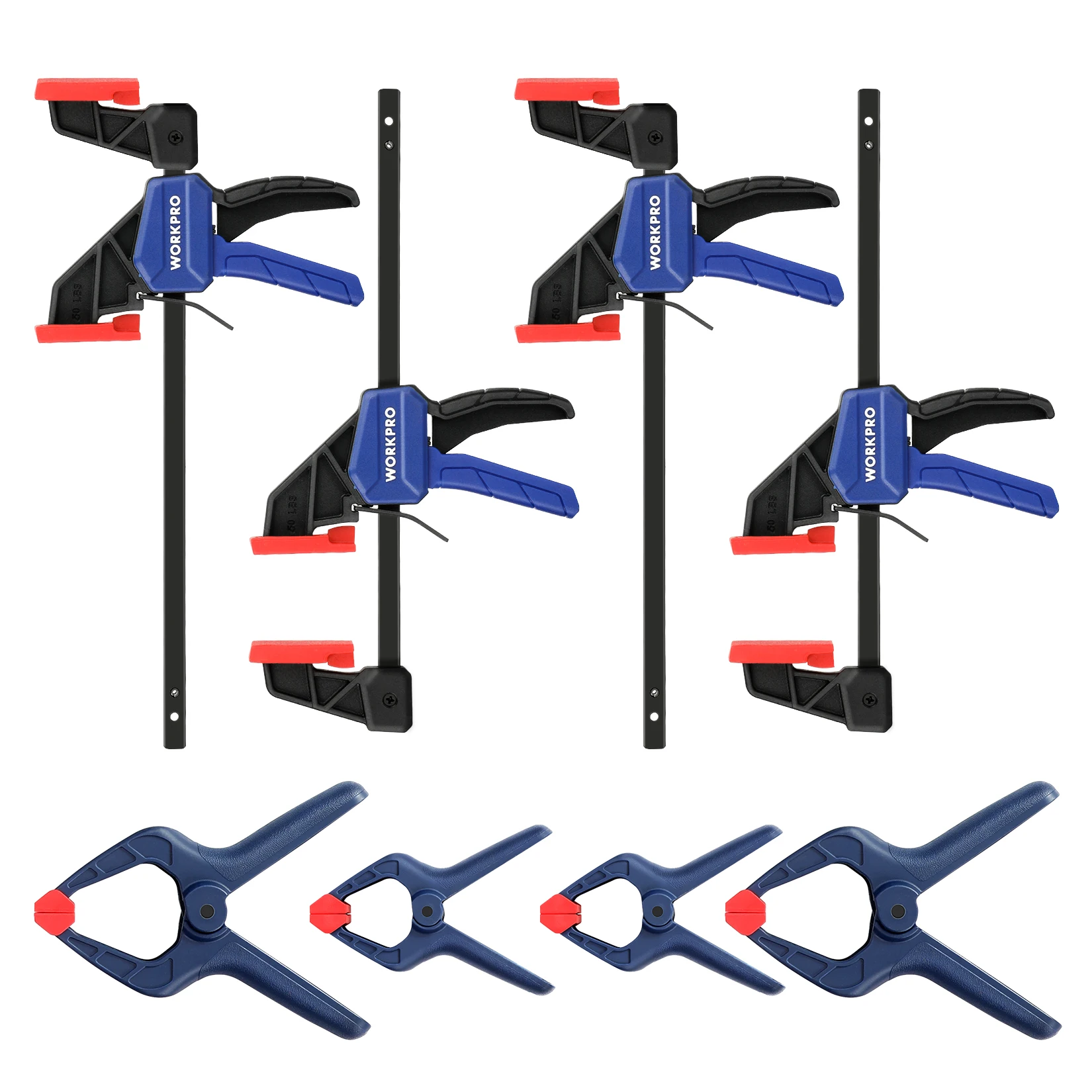 WORKPRO 8-Piece Bar Clamp Set 4 Mini Bar Clamps 4 Spring Clamps Quick-Change Spreader 50 lbs Load Limit