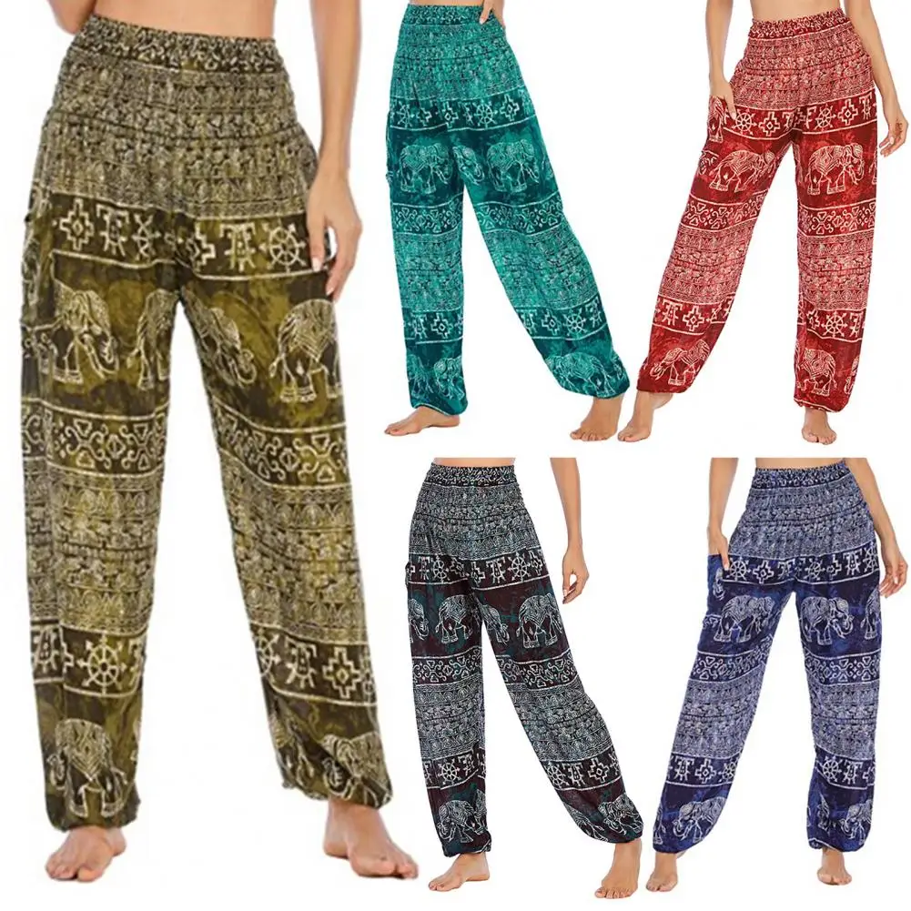 Women Harem Yoga Pants With Pockets Thai Elephant Print Wide Elastic Waist Wide-Leg Fitness Trousers Vacation Work Bloomers