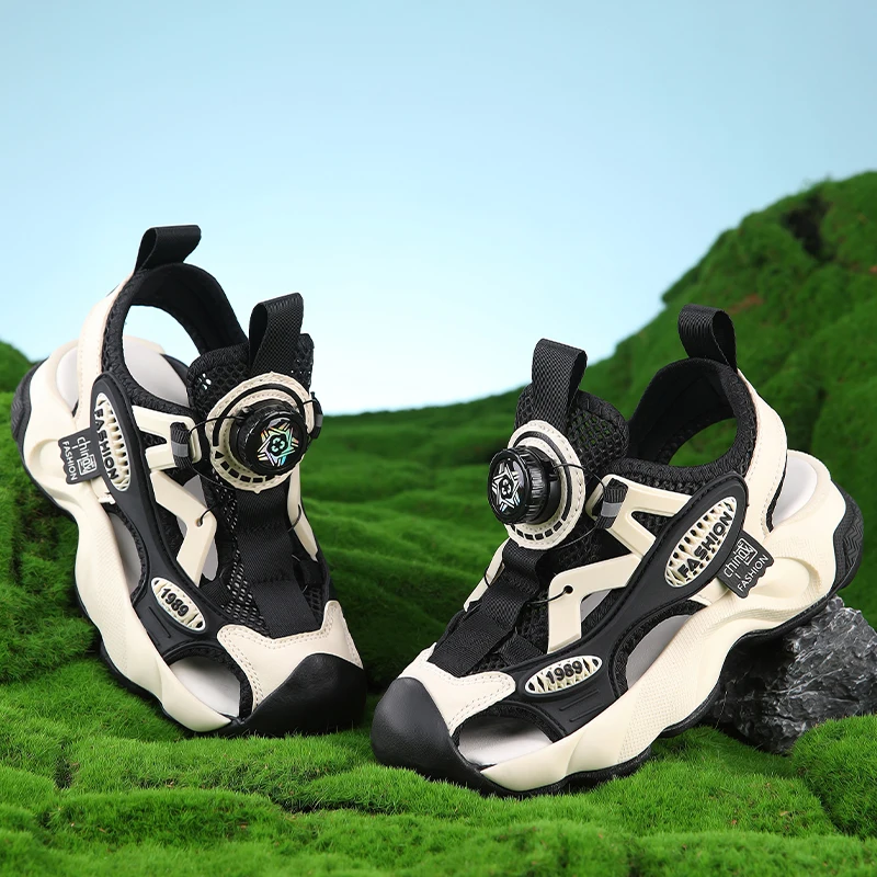 

Новинка лета 2029, детская уличная пляжная обувь, детские сандалии с вращающейся пряжкой, обувь для мальчиков, хорошая обувь