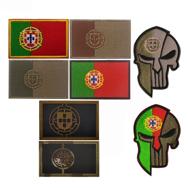 Infrared Reflective Portugal Flag Patch Military Tan Portuguese Emblem Armored Skull Embroidery Morale Badge Hook&loop Patches