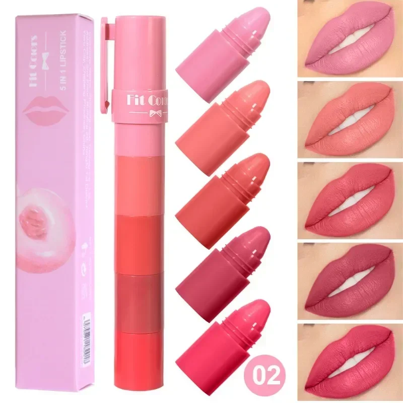 Juego de lápiz labial mate 5 en 1 de terciopelo de frutas, bálsamo labial hidratante de larga duración, altamente pigmentado, aplicación suave para labios suaves